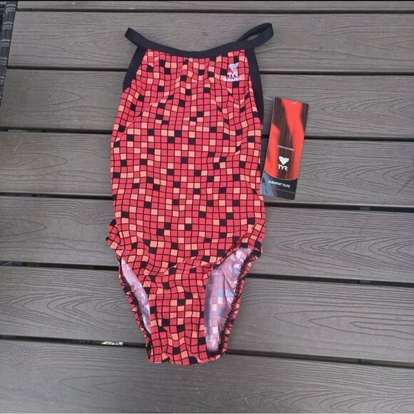 TYR Women's Swim Team Check Squares DiamondFit Red Black 1 PC Swim Sz 34 New - Picture 1 of 3